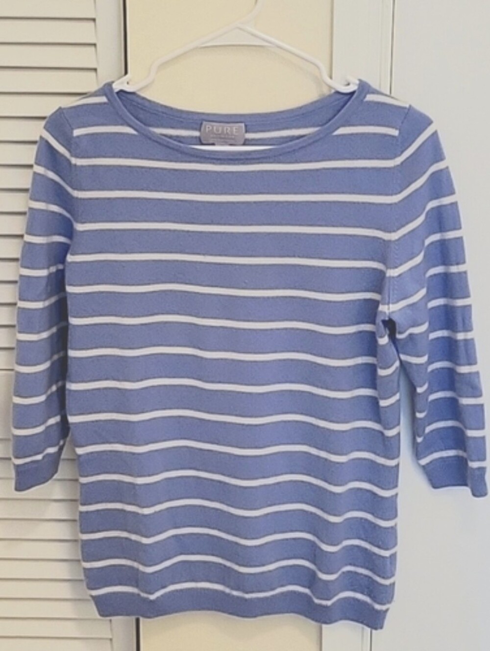 Pure Collection Blue & White Striped 100% Cashmere 3/4 Sleeve Sweater Sz 8/10